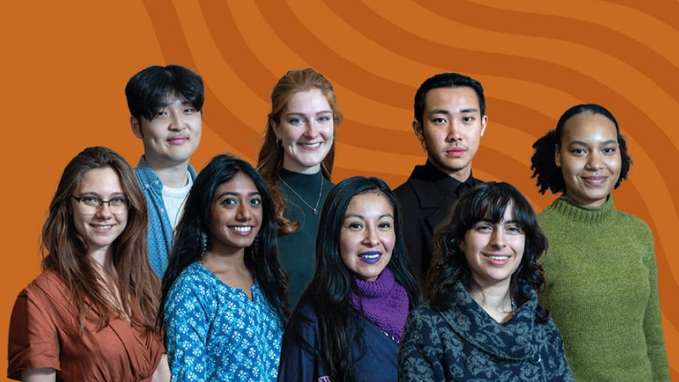 The 2023/24 arts scholars together in front of an orange background.